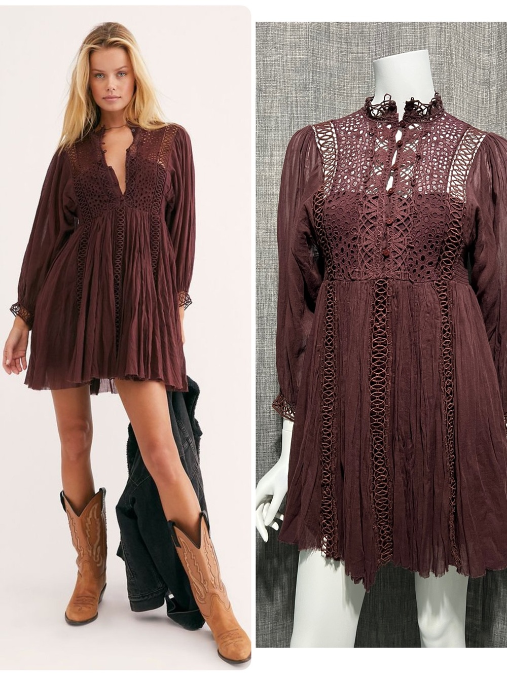 NWOT Free People One Karma 100% Cotton Long Sleeve Mini Dress Wine XS